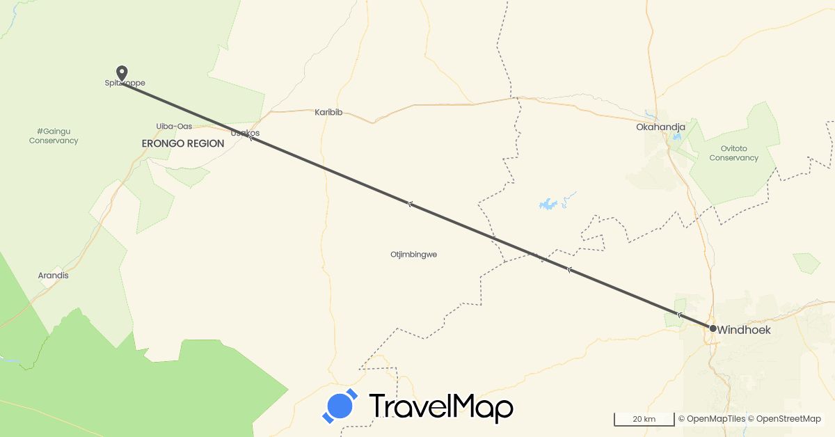 TravelMap itinerary: driving, motorbike in Namibia (Africa)
